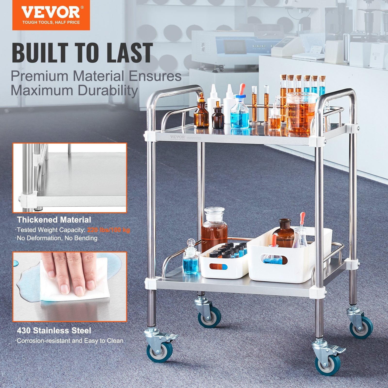 Lab Rolling Cart, 2-Shelf Stainless Steel Rolling Cart, Lab Serving Cart with Swivel Casters, Dental Utility Cart for Clinic, Lab, Hospital, Salon, 15.16"x21.57"x34.06" - Image 2