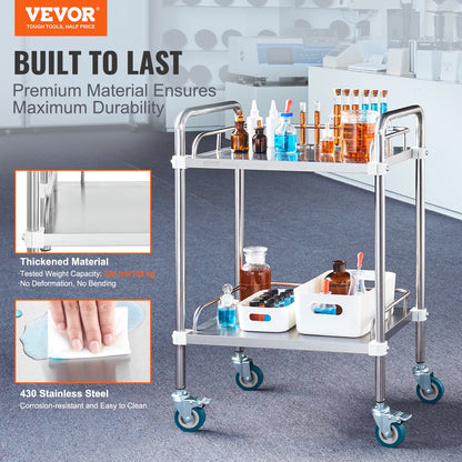 Lab Rolling Cart, 2-Shelf Stainless Steel Rolling Cart, Lab Serving Cart with Swivel Casters, Dental Utility Cart for Clinic, Lab, Hospital, Salon, 15.16"x21.57"x34.06" - Image 2