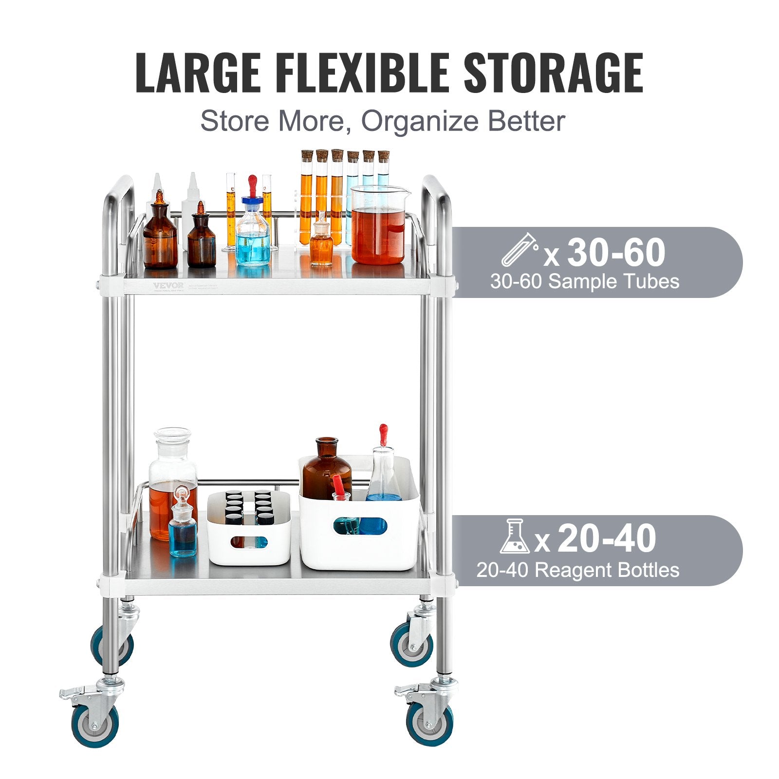 Lab Rolling Cart, 2-Shelf Stainless Steel Rolling Cart, Lab Serving Cart with Swivel Casters, Dental Utility Cart for Clinic, Lab, Hospital, Salon, 15.16"x21.57"x34.06" - Image 5