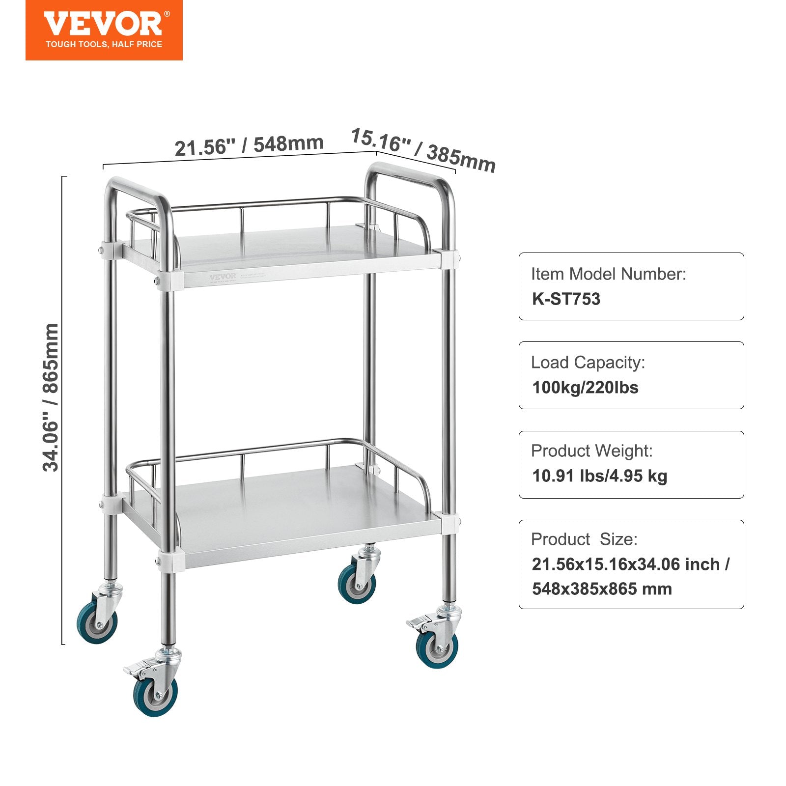 Lab Rolling Cart, 2-Shelf Stainless Steel Rolling Cart, Lab Serving Cart with Swivel Casters, Dental Utility Cart for Clinic, Lab, Hospital, Salon, 15.16"x21.57"x34.06" - Image 7