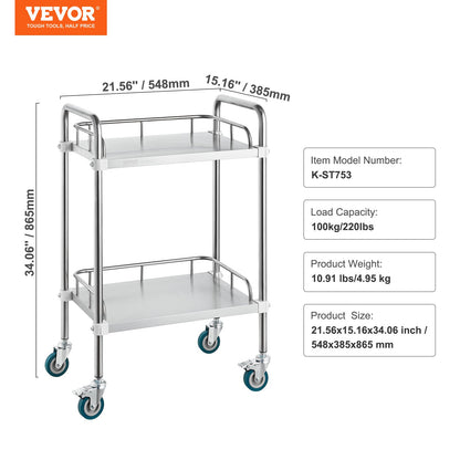 Lab Rolling Cart, 2-Shelf Stainless Steel Rolling Cart, Lab Serving Cart with Swivel Casters, Dental Utility Cart for Clinic, Lab, Hospital, Salon, 15.16"x21.57"x34.06" - Image 7
