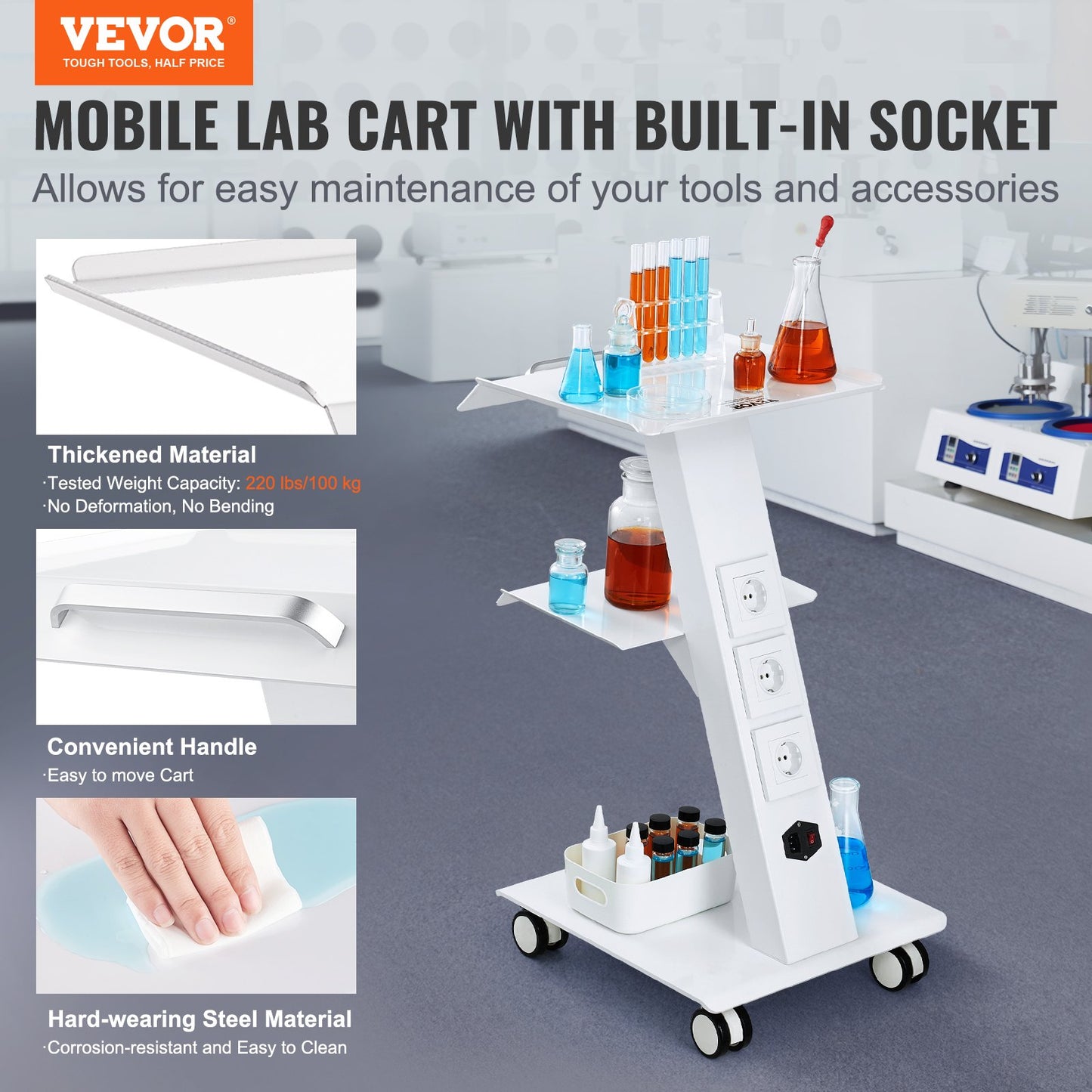 Trolley Cart Dental Lab Mobile Rolling Serving Cart 3 Layers with Socket - Image 2
