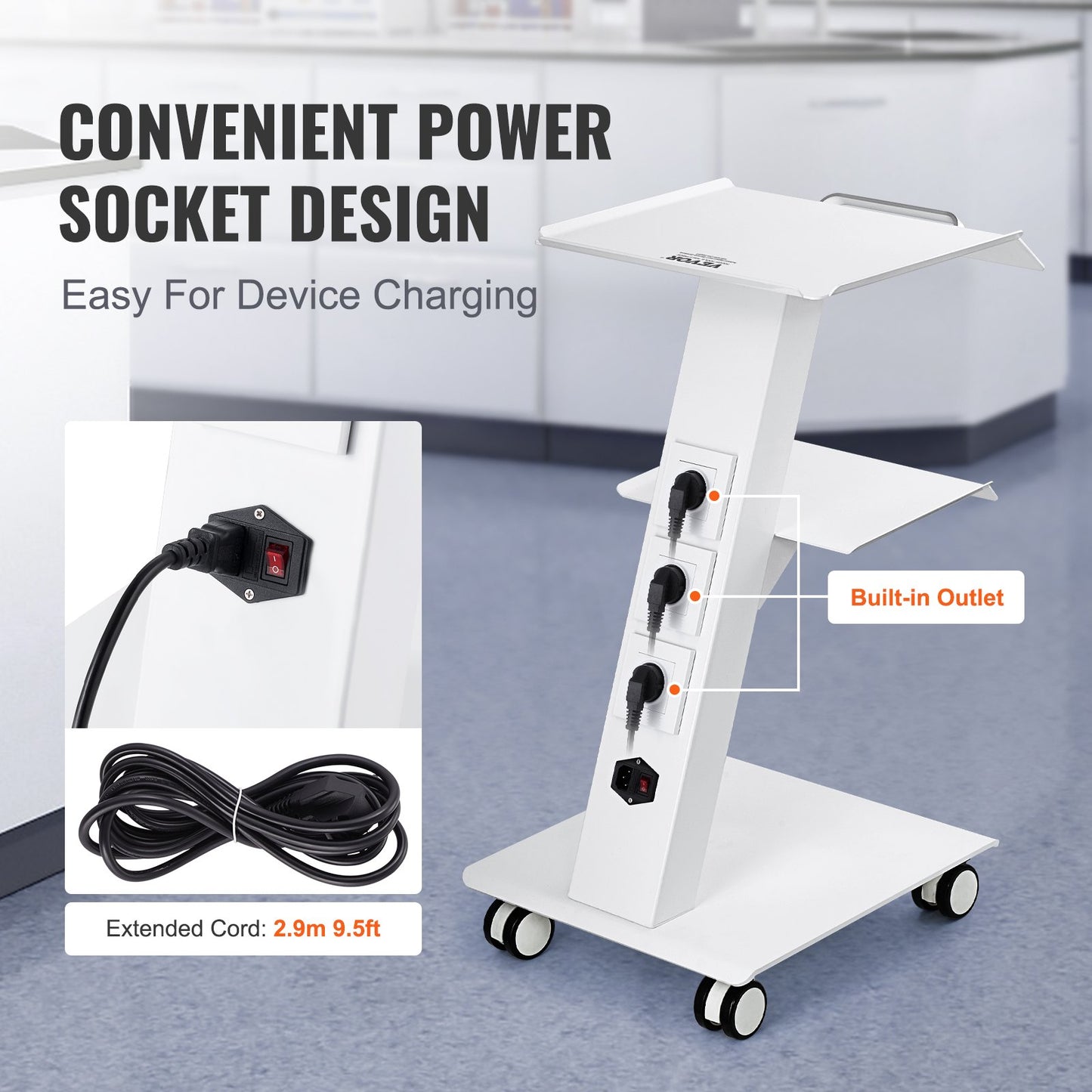 Trolley Cart Dental Lab Mobile Rolling Serving Cart 3 Layers with Socket - Image 3