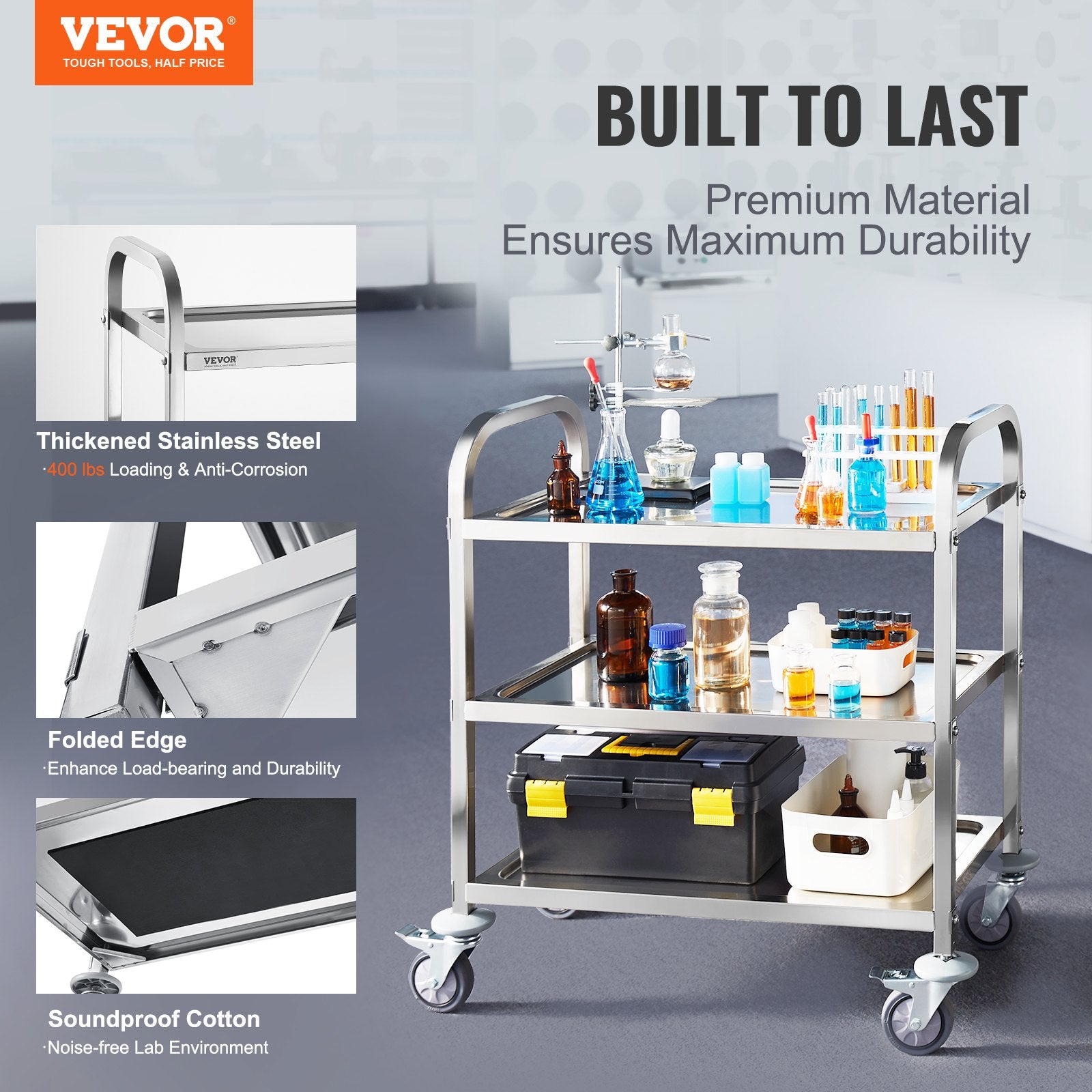 VEVOR Stainless Steel Cart, 3 Layers Lab Utility Cart 181 kg Weight Capacity, Medical Cart with Lockable Universal Wheels, for Lab, Clinic, Kitchen, Salon - Image 2