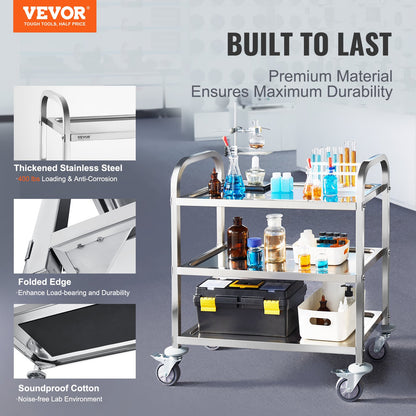 VEVOR Stainless Steel Cart, 3 Layers Lab Utility Cart 181 kg Weight Capacity, Medical Cart with Lockable Universal Wheels, for Lab, Clinic, Kitchen, Salon - Image 2