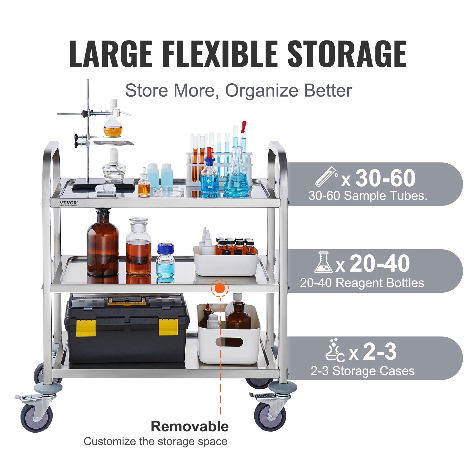 VEVOR Stainless Steel Cart, 3 Layers Lab Utility Cart 181 kg Weight Capacity, Medical Cart with Lockable Universal Wheels, for Lab, Clinic, Kitchen, Salon - Image 5