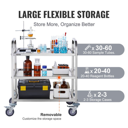 VEVOR Stainless Steel Cart, 3 Layers Lab Utility Cart 181 kg Weight Capacity, Medical Cart with Lockable Universal Wheels, for Lab, Clinic, Kitchen, Salon - Image 5