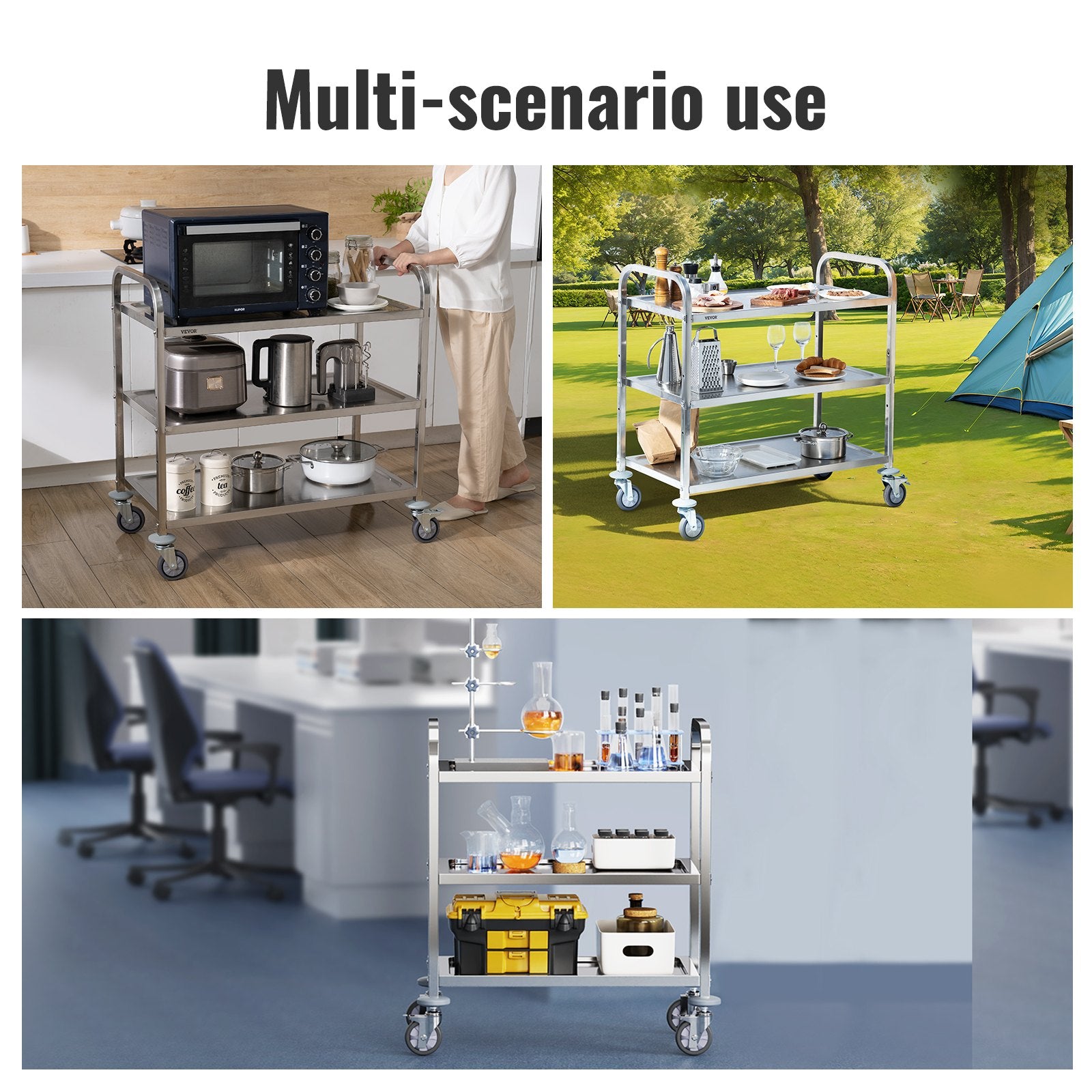 VEVOR Stainless Steel Cart, 3 Layers Lab Utility Cart 181 kg Weight Capacity, Medical Cart with Lockable Universal Wheels, for Lab, Clinic, Kitchen, Salon - Image 6
