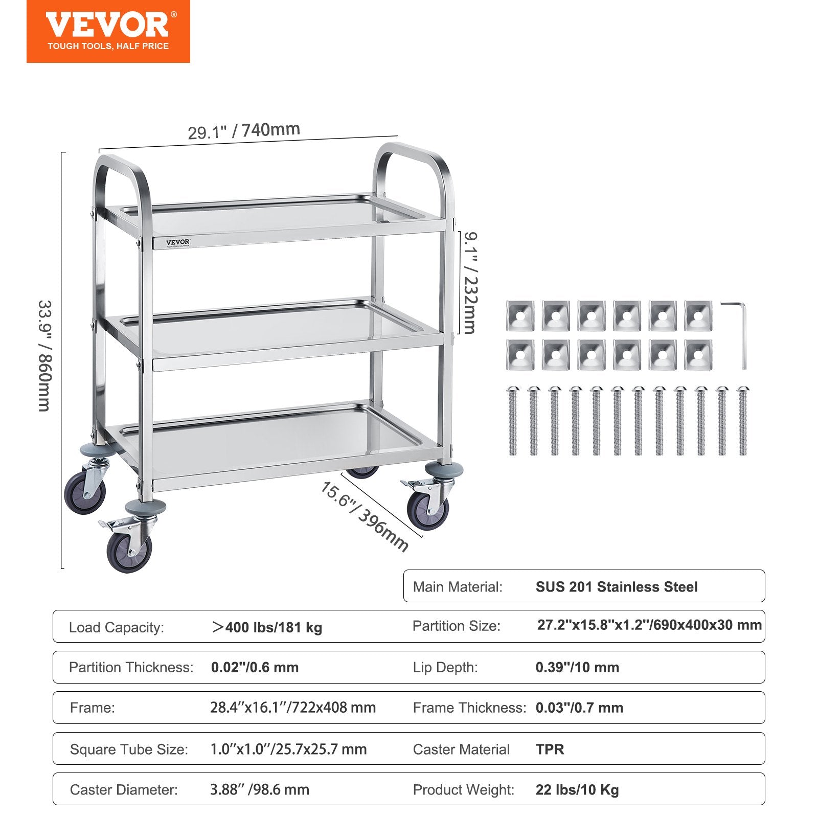 VEVOR Stainless Steel Cart, 3 Layers Lab Utility Cart 181 kg Weight Capacity, Medical Cart with Lockable Universal Wheels, for Lab, Clinic, Kitchen, Salon - Image 7