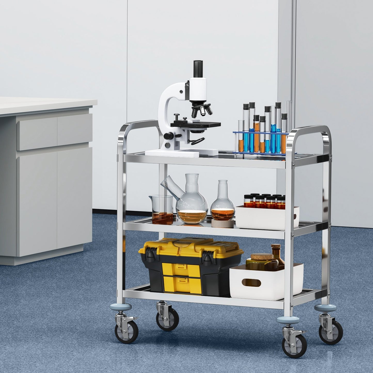 VEVOR Stainless Steel Cart, 3 Layers Lab Utility Cart 181 kg Weight Capacity, Medical Cart with Lockable Universal Wheels, for Lab, Clinic, Kitchen, Salon - Image 8