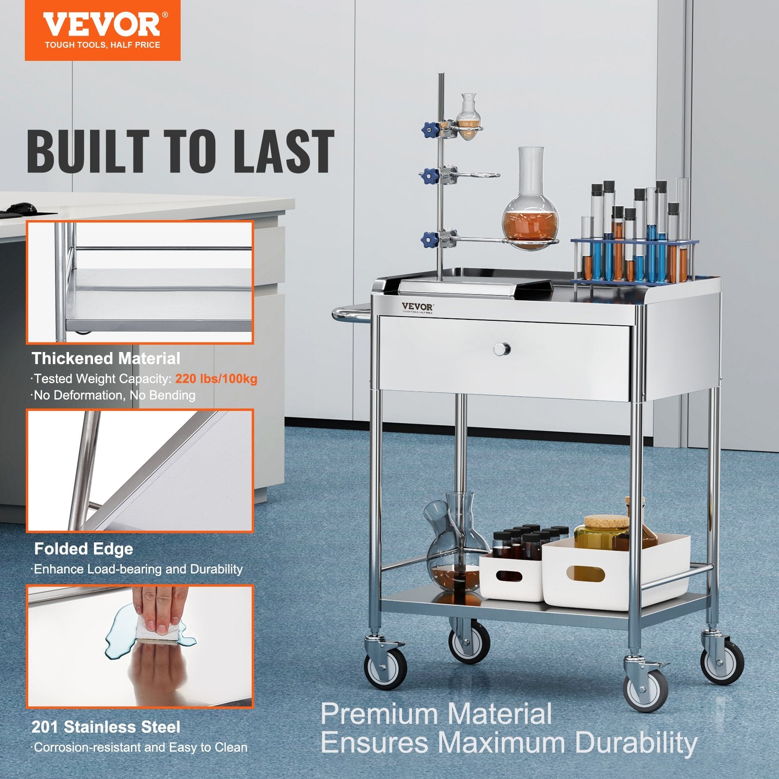 Medical Cart, 2 Layer stainless Steel Cart100 kg Weight Capacity Utility Cart Silent Wheels and a Drawer for Lab, Clinic, kitchen, Salon - Image 2