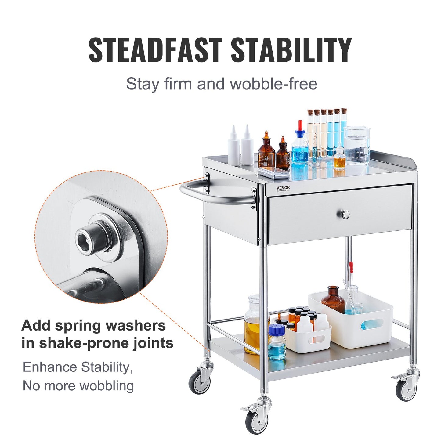 Medical Cart, 2 Layer stainless Steel Cart100 kg Weight Capacity Utility Cart Silent Wheels and a Drawer for Lab, Clinic, kitchen, Salon - Image 3