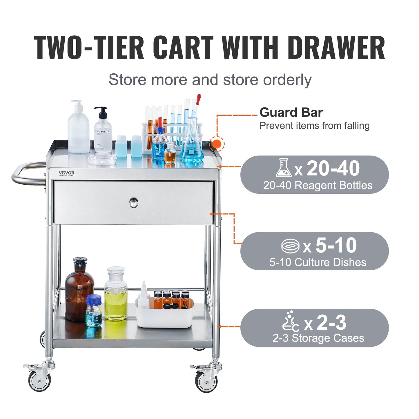 Medical Cart, 2 Layer stainless Steel Cart100 kg Weight Capacity Utility Cart Silent Wheels and a Drawer for Lab, Clinic, kitchen, Salon - Image 5