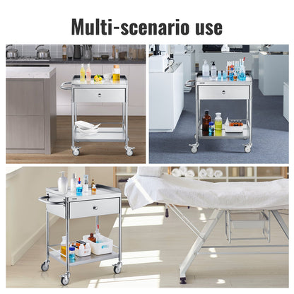 Medical Cart, 2 Layer stainless Steel Cart100 kg Weight Capacity Utility Cart Silent Wheels and a Drawer for Lab, Clinic, kitchen, Salon - Image 6