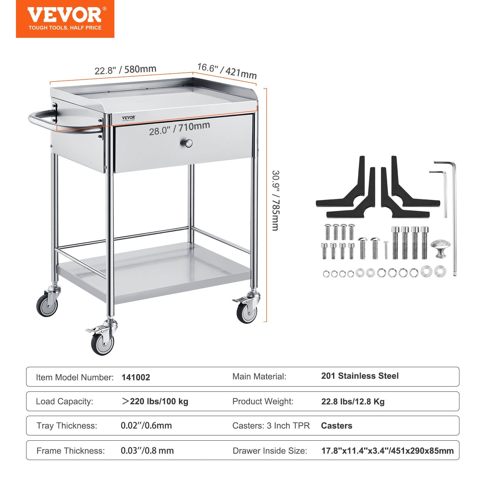 Medical Cart, 2 Layer stainless Steel Cart100 kg Weight Capacity Utility Cart Silent Wheels and a Drawer for Lab, Clinic, kitchen, Salon - Image 7