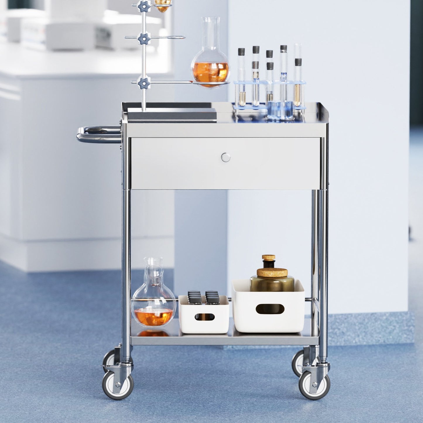 Medical Cart, 2 Layer stainless Steel Cart100 kg Weight Capacity Utility Cart Silent Wheels and a Drawer for Lab, Clinic, kitchen, Salon - Image 8
