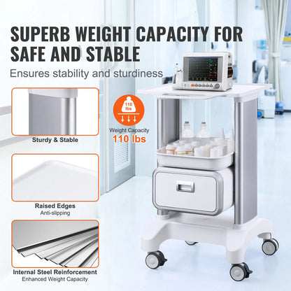 2 Tiers Lab Carts Mobile Medical Cart with 1 Drawer & 1 Top Tray White - Image 2