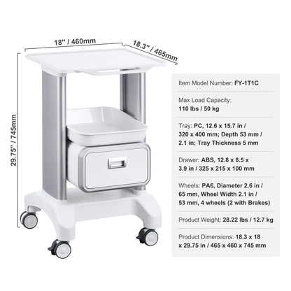 2 Tiers Lab Carts Mobile Medical Cart with 1 Drawer & 1 Top Tray White - Image 7