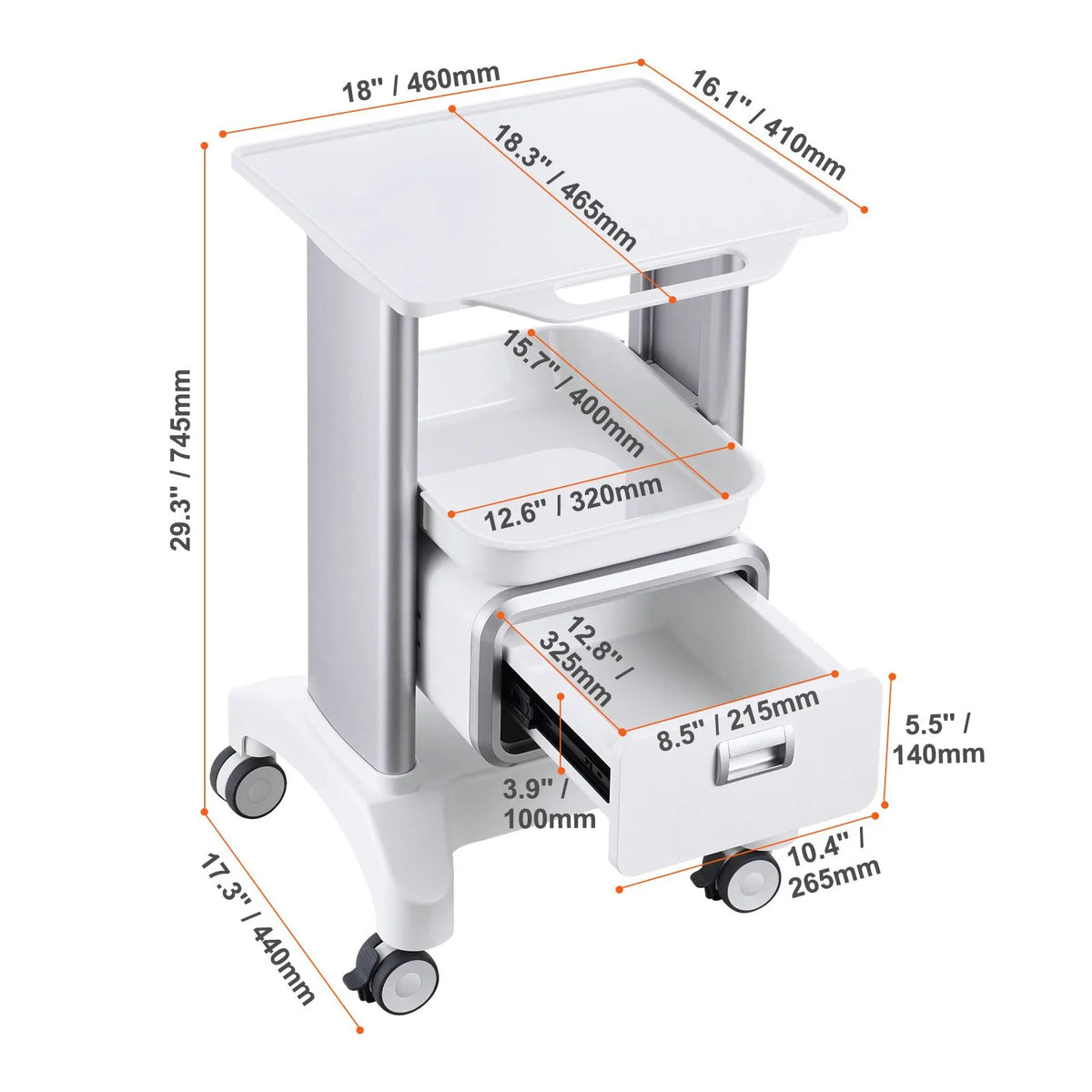 2 Tiers Lab Carts Mobile Medical Cart with 1 Drawer & 1 Top Tray White - Image 8