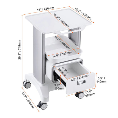 2 Tiers Lab Carts Mobile Medical Cart with 1 Drawer & 1 Top Tray White - Image 8