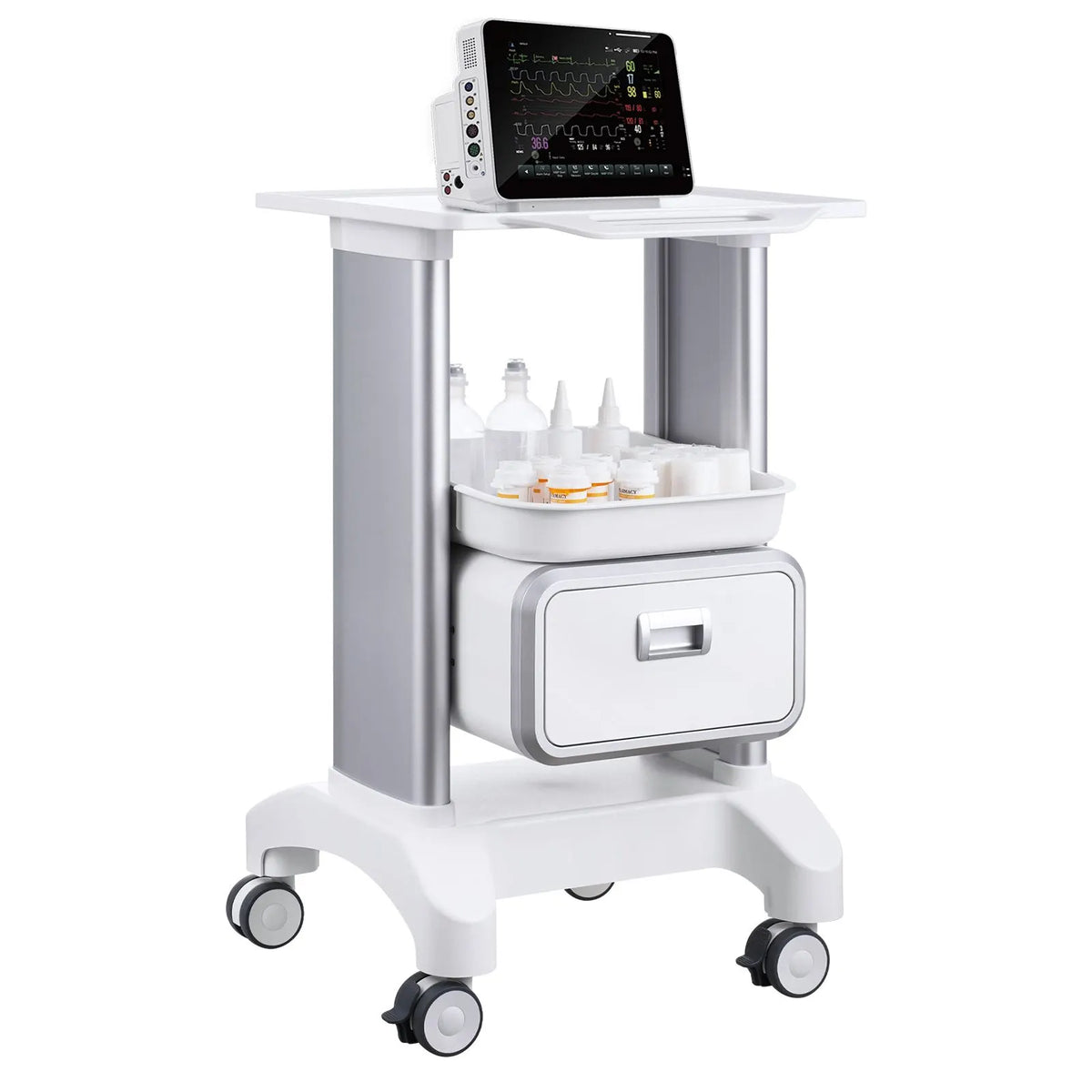 2 Tiers Lab Carts Mobile Medical Cart with 1 Drawer & 1 Top Tray White - Image 9