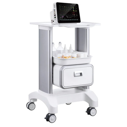 2 Tiers Lab Carts Mobile Medical Cart with 1 Drawer & 1 Top Tray White - Image 9