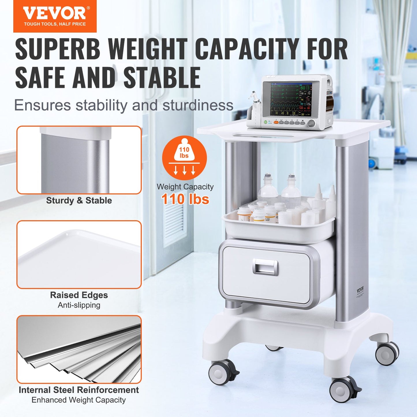 2 Tiers Lab Carts Mobile Medical Cart with 1 Drawer & 1 Top Tray White - Image 2