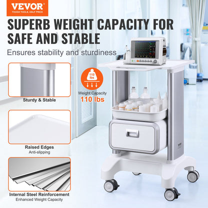 2 Tiers Lab Carts Mobile Medical Cart with 1 Drawer & 1 Top Tray White - Image 2