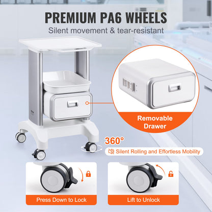 2 Tiers Lab Carts Mobile Medical Cart with 1 Drawer & 1 Top Tray White - Image 4