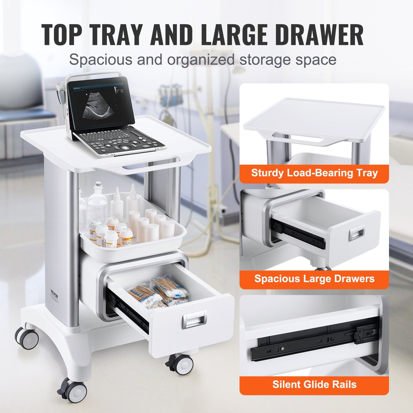 2 Tiers Lab Carts Mobile Medical Cart with 1 Drawer & 1 Top Tray White - Image 5
