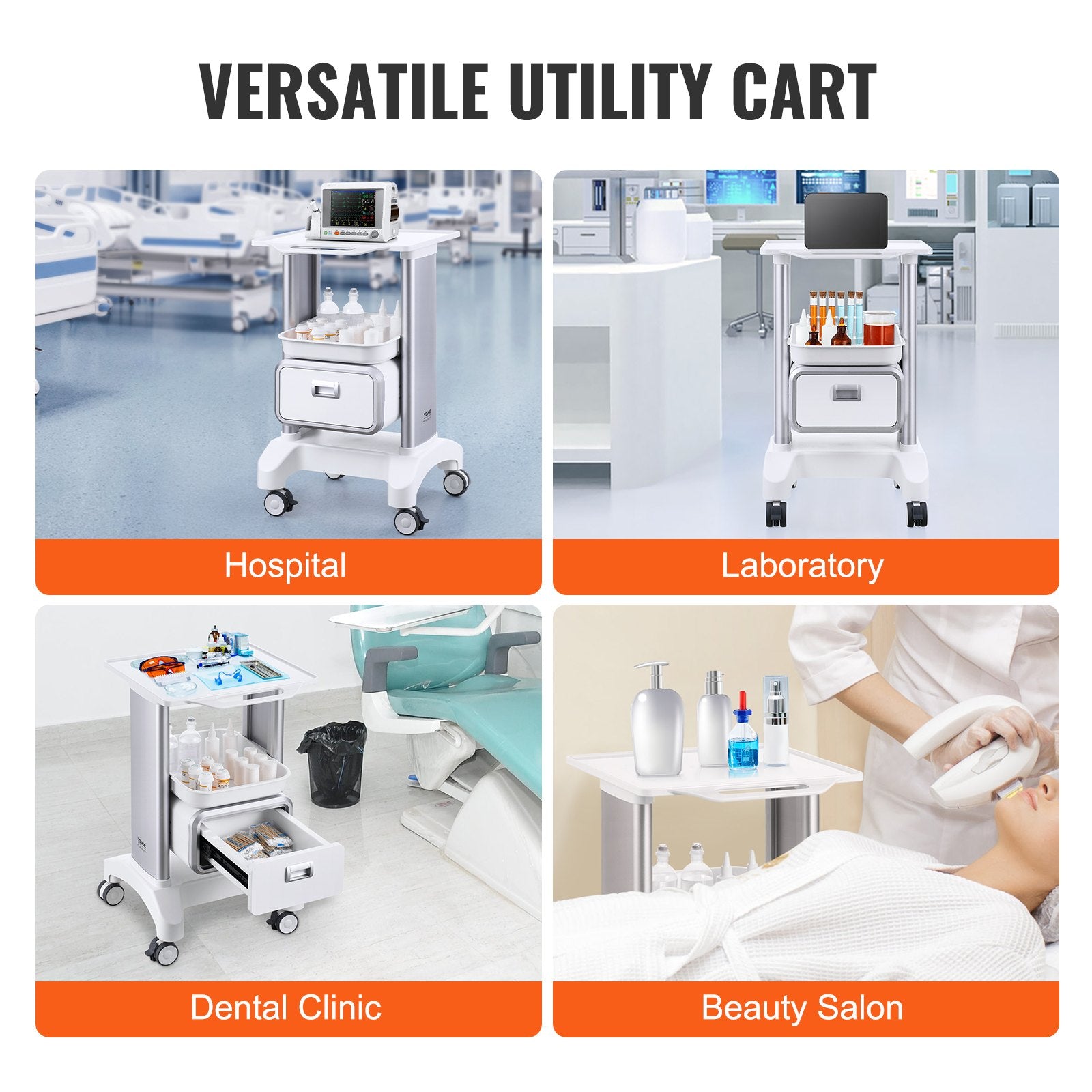 2 Tiers Lab Carts Mobile Medical Cart with 1 Drawer & 1 Top Tray White - Image 6