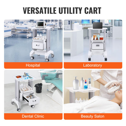 2 Tiers Lab Carts Mobile Medical Cart with 1 Drawer & 1 Top Tray White - Image 6