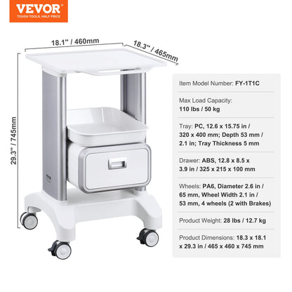 2 Tiers Lab Carts Mobile Medical Cart with 1 Drawer & 1 Top Tray White - Image 7