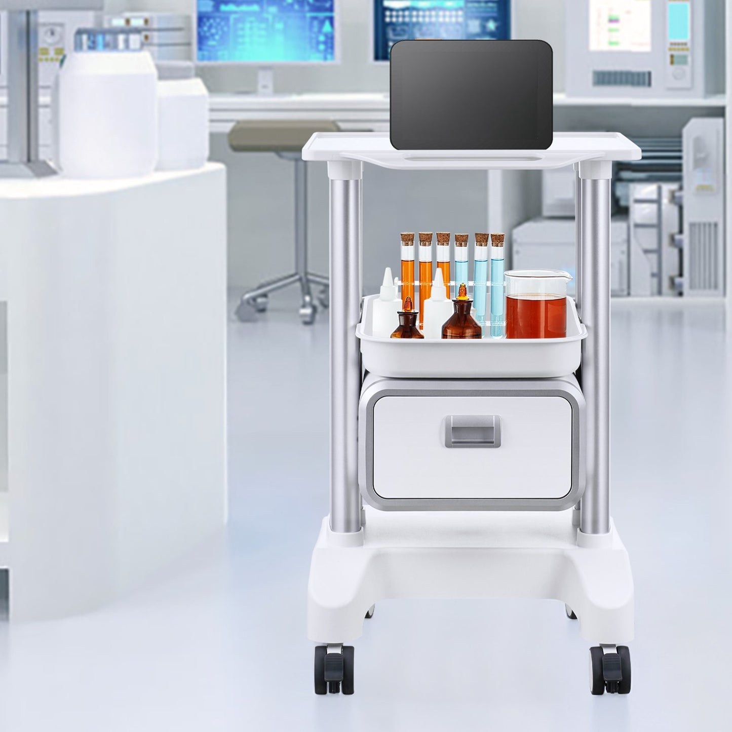 2 Tiers Lab Carts Mobile Medical Cart with 1 Drawer & 1 Top Tray White - Image 8