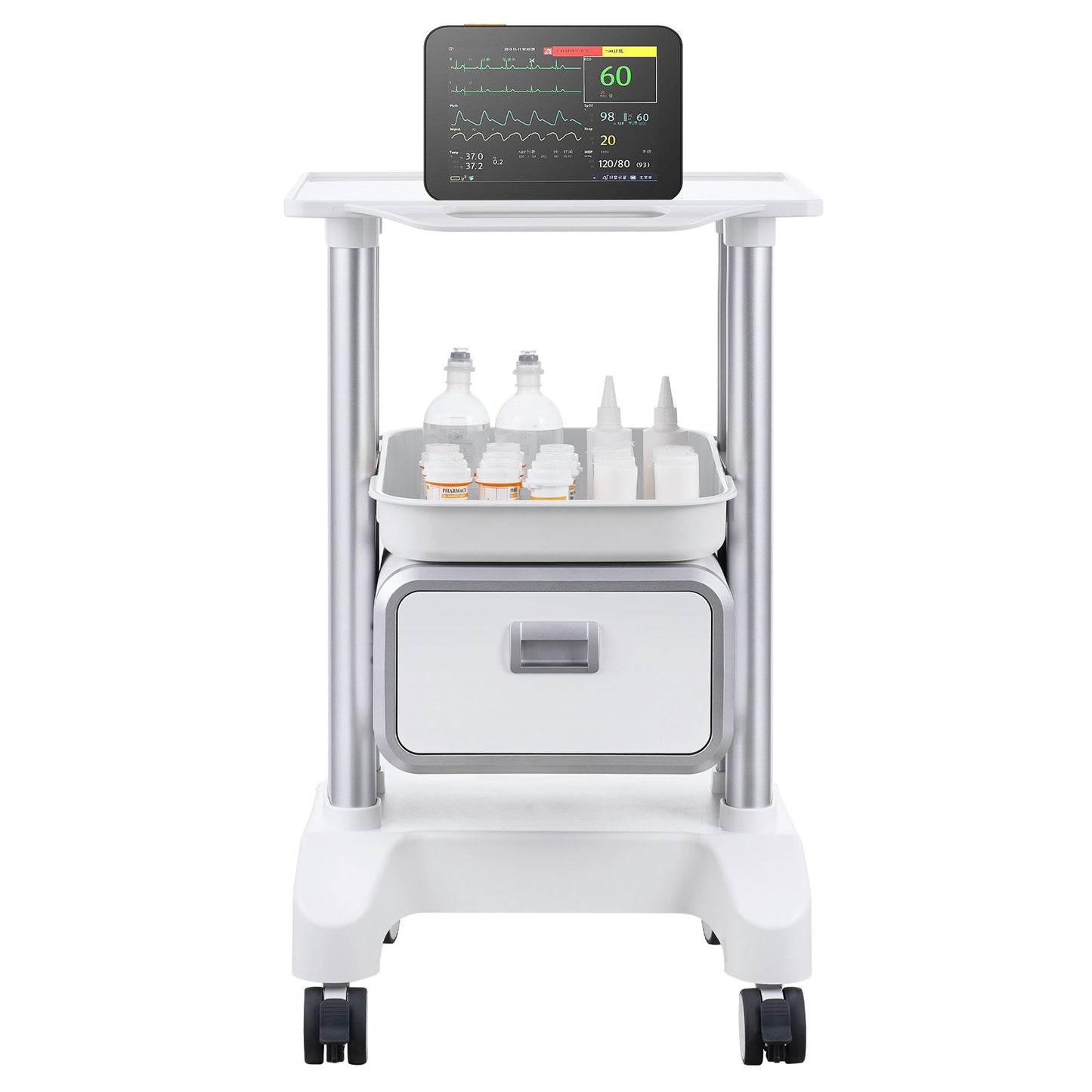 2 Tiers Lab Carts Mobile Medical Cart with 1 Drawer & 1 Top Tray White - Image 9