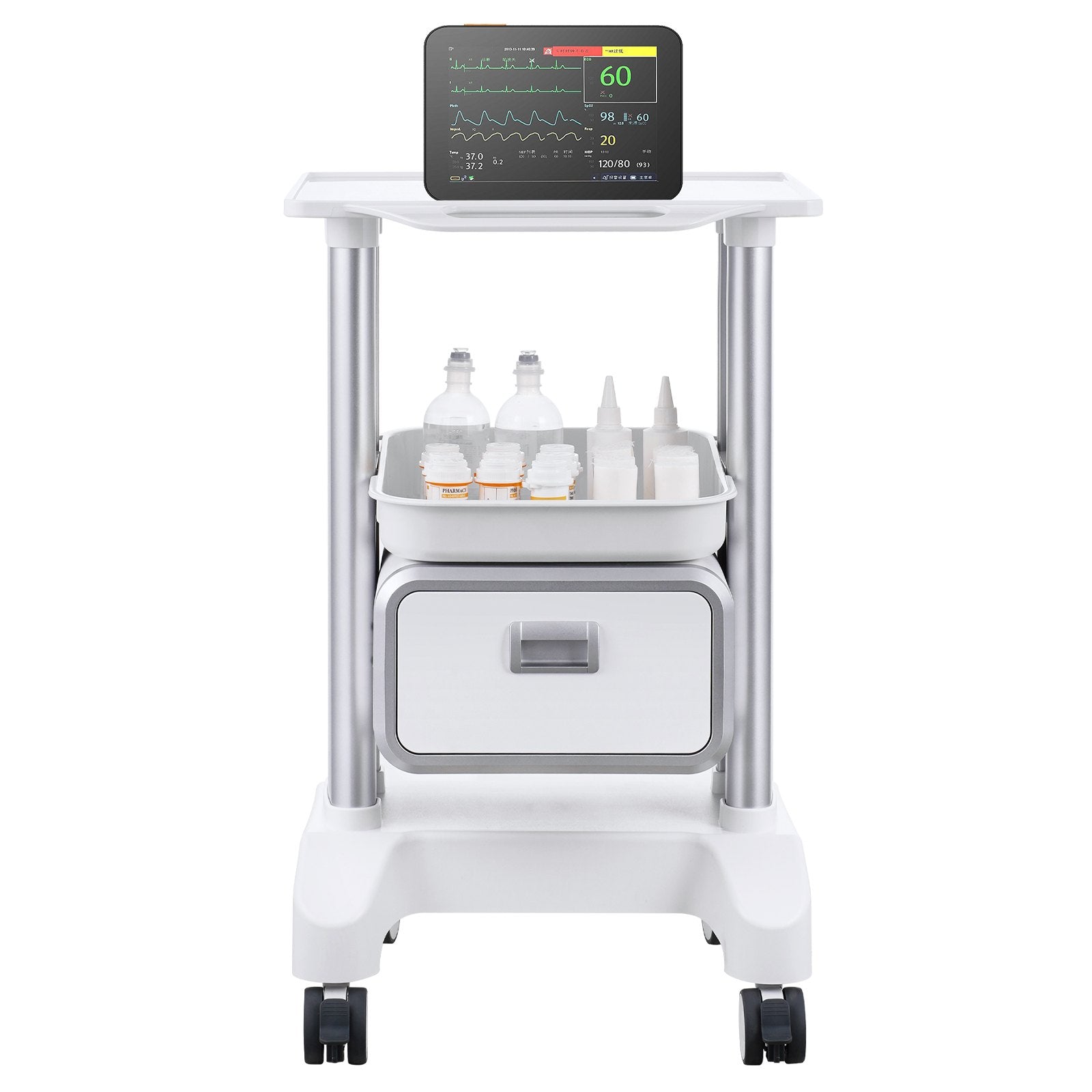 2 Tiers Lab Carts Mobile Medical Cart with 1 Drawer & 1 Top Tray White - Image 9