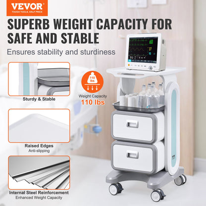 3 Tiers Lab Carts, Lab Utility Cart with 2 Drawers & 1 Top Tray, Mobile Medical Cart with ABS Material, Lab Rolling Cart with 4 Silent Wheels for Lab, Clinic, Hospital, Salon, White - Image 2