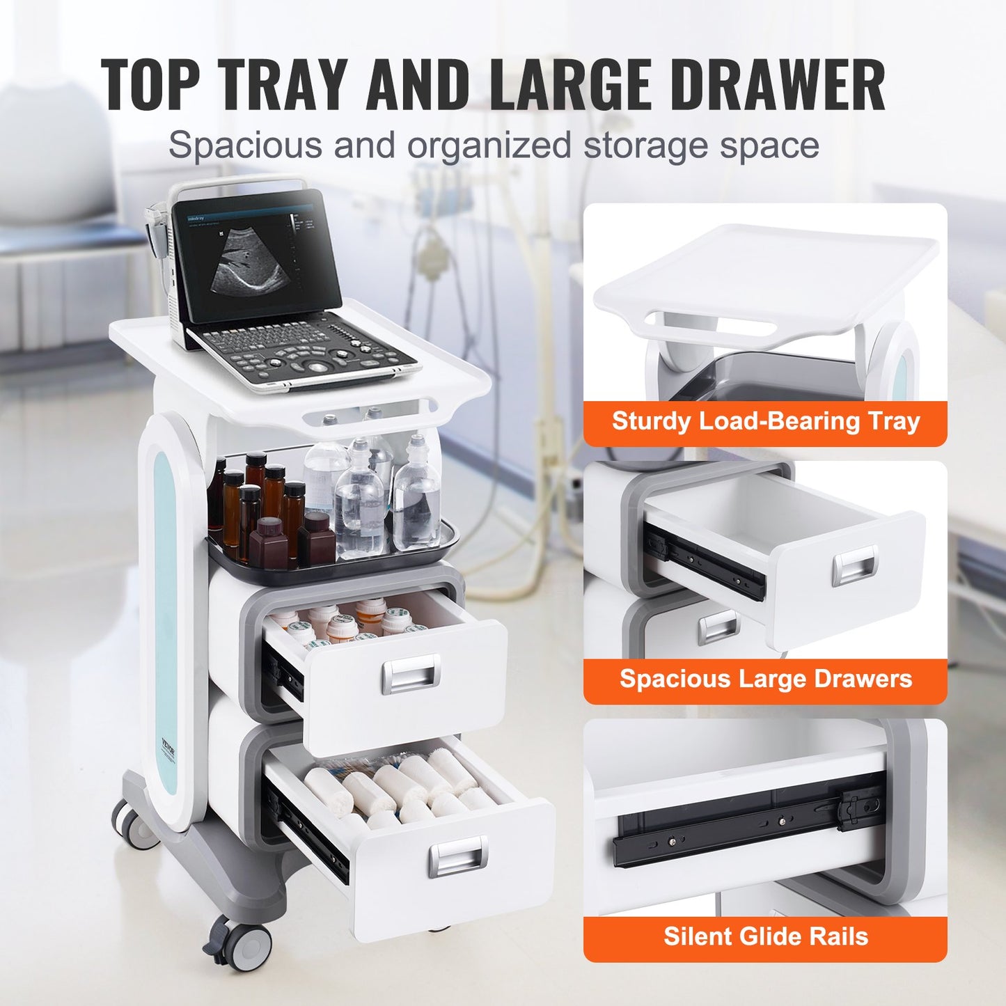3 Tiers Lab Carts, Lab Utility Cart with 2 Drawers & 1 Top Tray, Mobile Medical Cart with ABS Material, Lab Rolling Cart with 4 Silent Wheels for Lab, Clinic, Hospital, Salon, White - Image 5