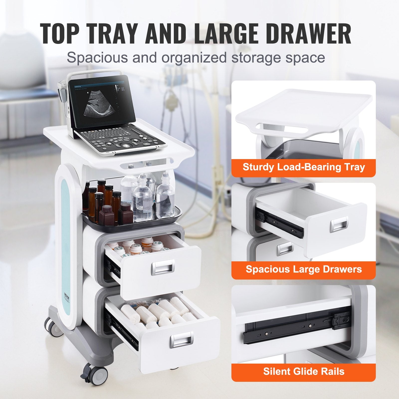 3 Tiers Lab Carts, Lab Utility Cart with 2 Drawers & 1 Top Tray, Mobile Medical Cart with ABS Material, Lab Rolling Cart with 4 Silent Wheels for Lab, Clinic, Hospital, Salon, White - Image 5
