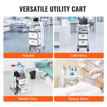 3 Tiers Lab Carts, Lab Utility Cart with 2 Drawers & 1 Top Tray, Mobile Medical Cart with ABS Material, Lab Rolling Cart with 4 Silent Wheels for Lab, Clinic, Hospital, Salon, White - Image 6
