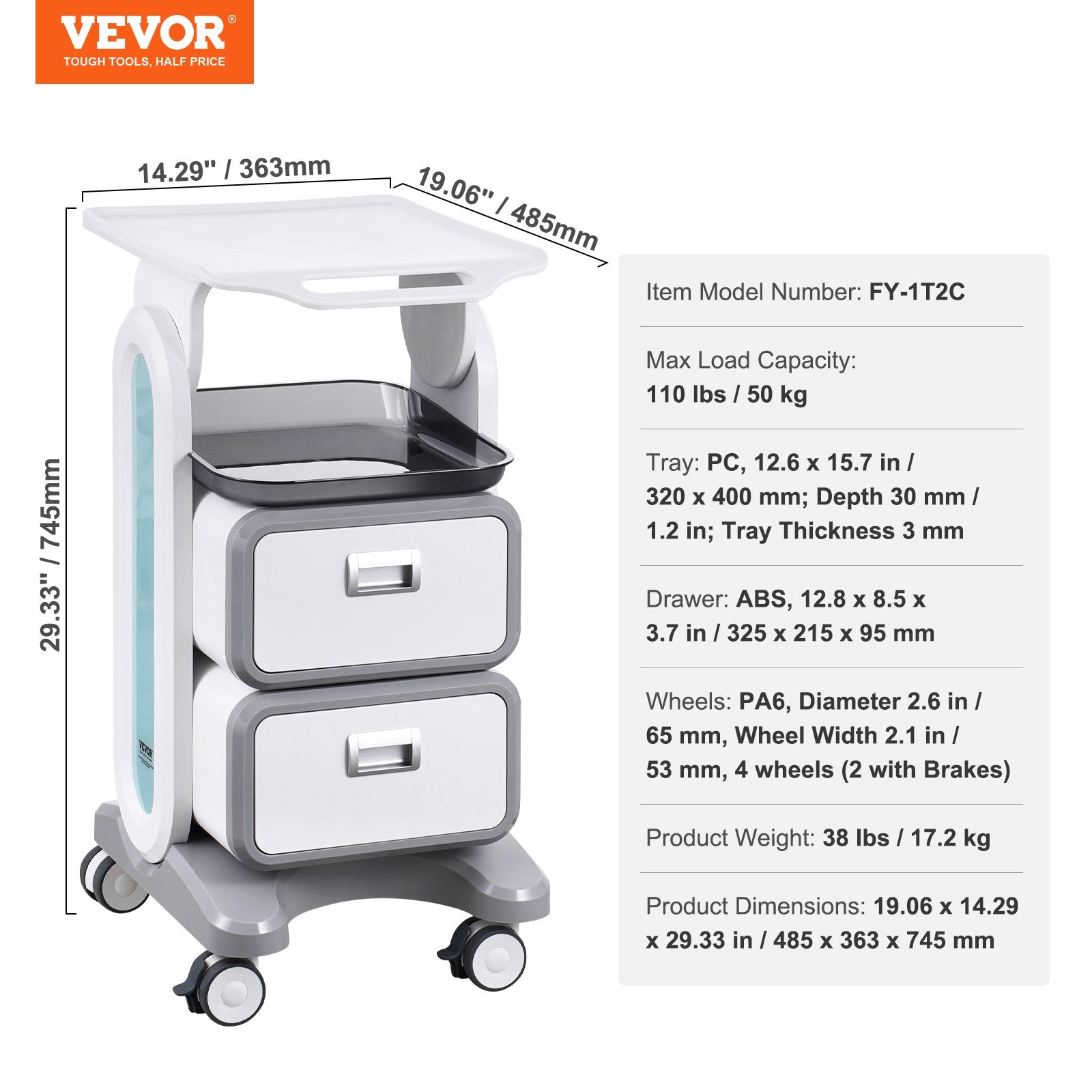 3 Tiers Lab Carts, Lab Utility Cart with 2 Drawers & 1 Top Tray, Mobile Medical Cart with ABS Material, Lab Rolling Cart with 4 Silent Wheels for Lab, Clinic, Hospital, Salon, White - Image 7