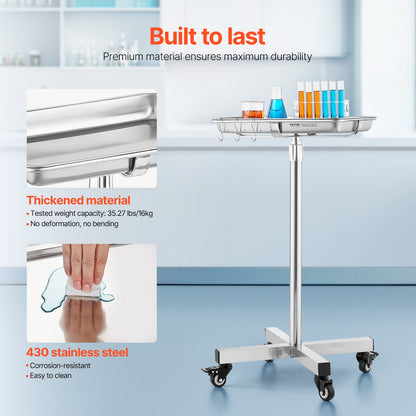 Mayo Stand, Stainless Steel Mayo Tray, Load Capacity up to 35 lbs, Adjustable Height 25.2"-39.8", Medical Tray on Wheels with Removable Tray for Spa, Salon, Clinic, Personal Care - Image 2