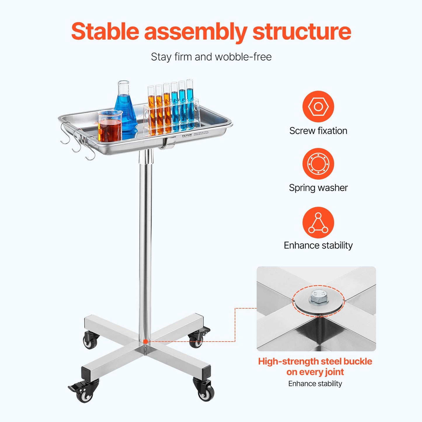 Mayo Stand, Stainless Steel Mayo Tray, Load Capacity up to 35 lbs, Adjustable Height 25.2"-39.8", Medical Tray on Wheels with Removable Tray for Spa, Salon, Clinic, Personal Care - Image 3
