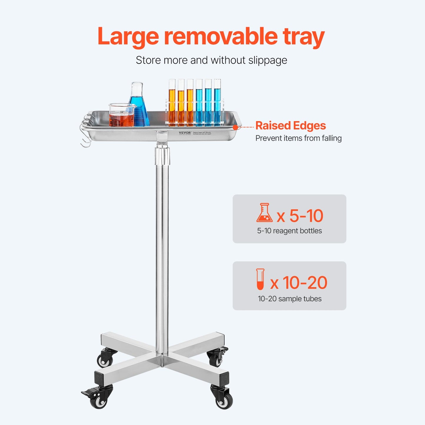 Mayo Stand, Stainless Steel Mayo Tray, Load Capacity up to 35 lbs, Adjustable Height 25.2"-39.8", Medical Tray on Wheels with Removable Tray for Spa, Salon, Clinic, Personal Care - Image 5
