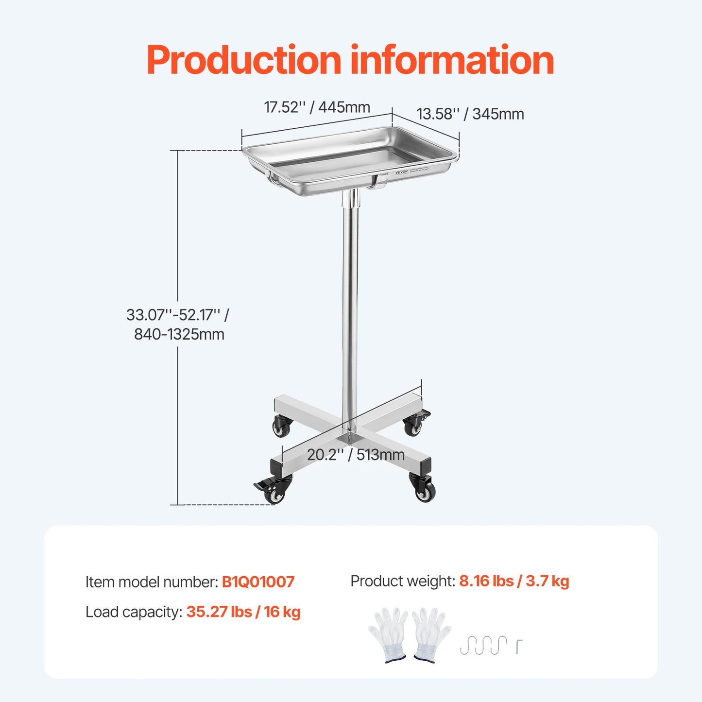 Mayo Stand, Stainless Steel Mayo Tray, Load Capacity up to 35 lbs, Adjustable Height 25.2"-39.8", Medical Tray on Wheels with Removable Tray for Spa, Salon, Clinic, Personal Care - Image 7