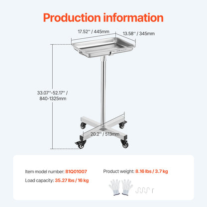 Mayo Stand, Stainless Steel Mayo Tray, Load Capacity up to 35 lbs, Adjustable Height 25.2"-39.8", Medical Tray on Wheels with Removable Tray for Spa, Salon, Clinic, Personal Care - Image 7