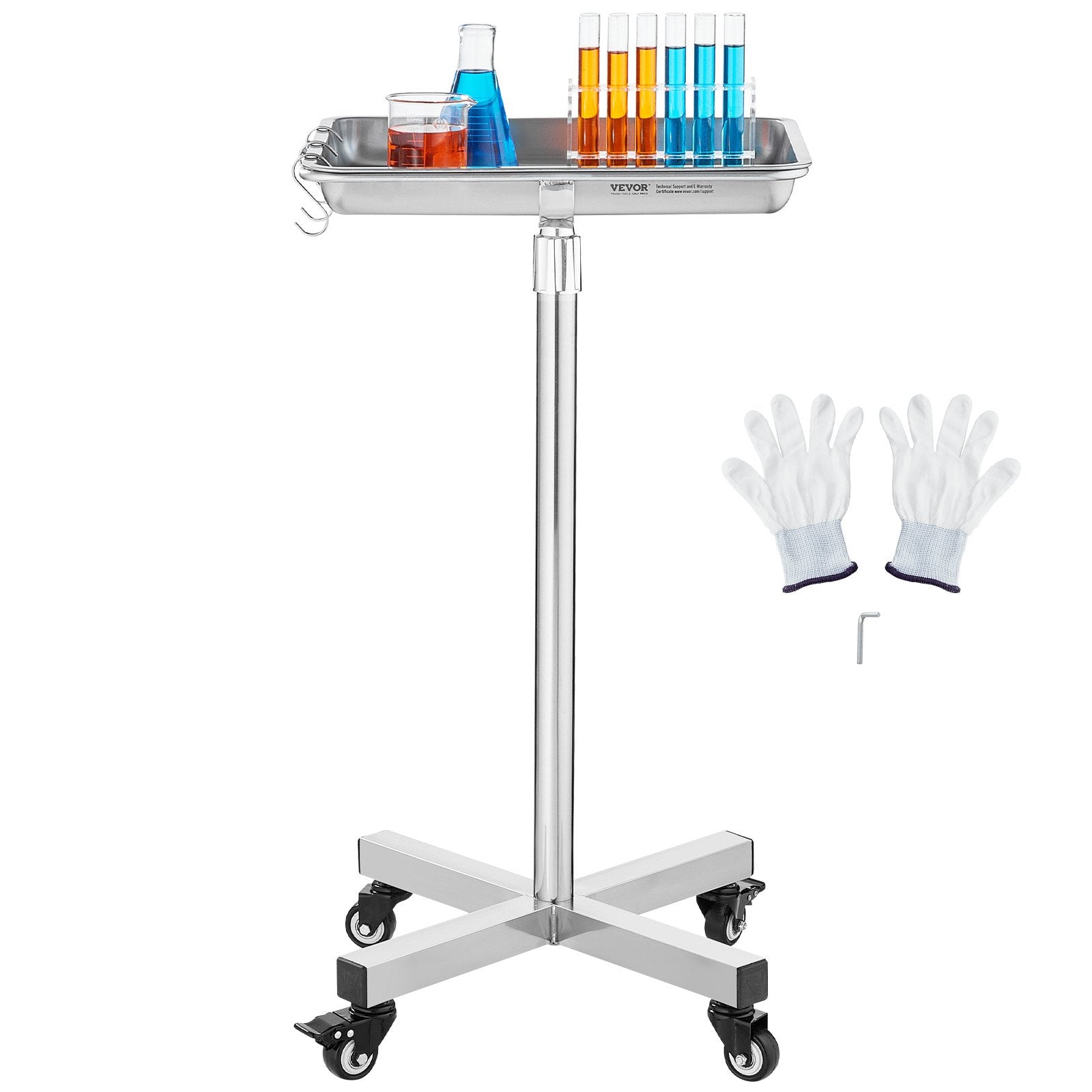 Mayo Stand, Stainless Steel Mayo Tray, Load Capacity up to 35 lbs, Adjustable Height 25.2"-39.8", Medical Tray on Wheels with Removable Tray for Spa, Salon, Clinic, Personal Care - Image 9