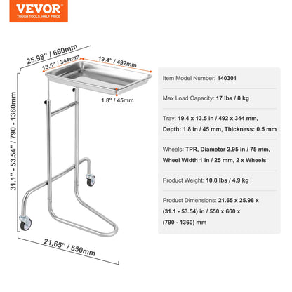 Stainless Steel Lab Cart with Single Tray & 2 Silent Wheels for Lab Clinic - Image 7