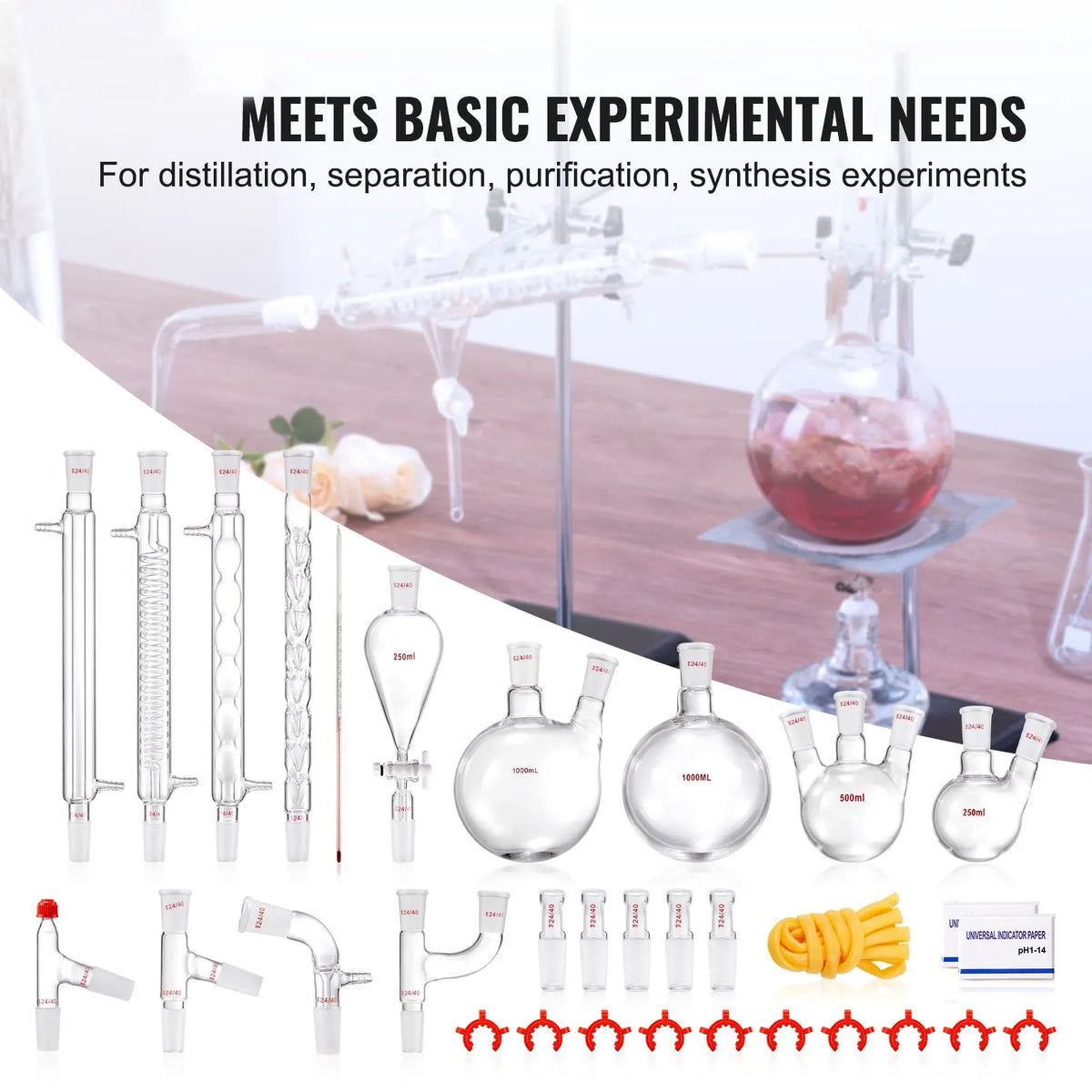 Lab Distillation Kit, 3.3 Boro Lab Glassware Distillation Kit with 24, 40 Joint, 1000ml Essential Oil Distillation Apparatus Kit, 32 pcs Set of Glassware Equipment - Image 2