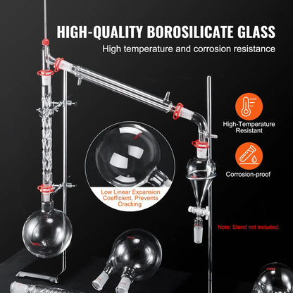 Lab Distillation Kit, 3.3 Boro Lab Glassware Distillation Kit with 24, 40 Joint, 1000ml Essential Oil Distillation Apparatus Kit, 32 pcs Set of Glassware Equipment - Image 3